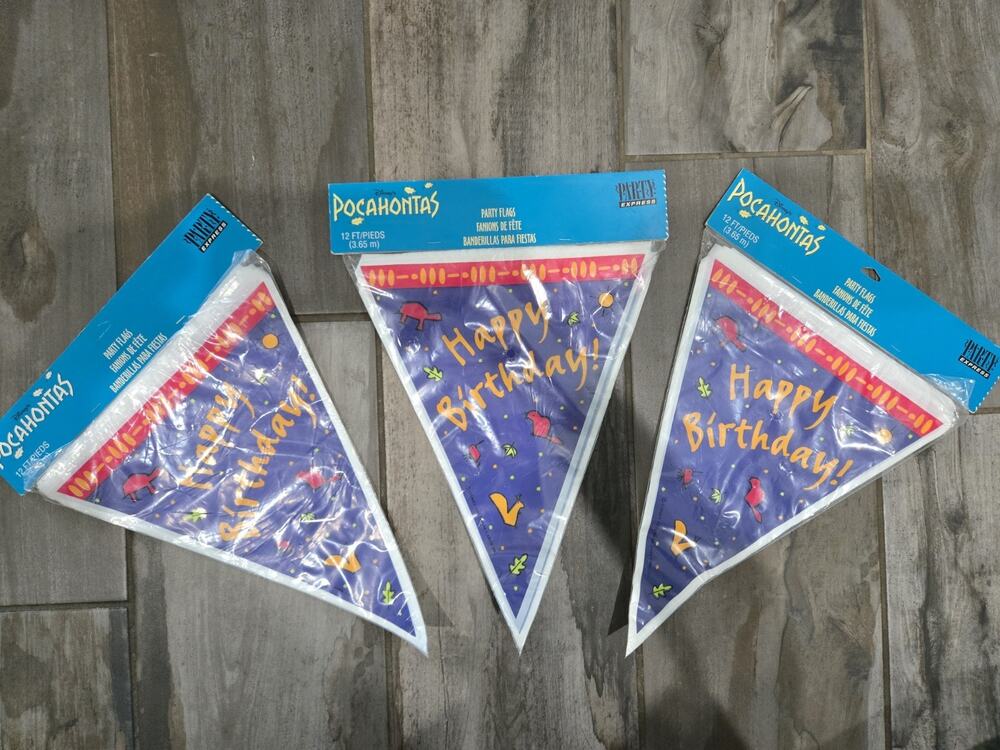 VTG Party Express Pocahontas Birthday Party Flags Disney 36 FT 3 Pack Deadstock